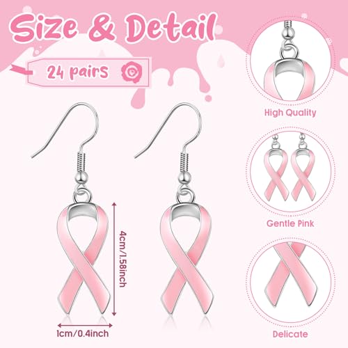 Remuuly 24 Pair Breast Cancer Awareness Earrings Bulk Pink Ribbon Dangle Drop Earrings Breast Cancer Jewelry Breast Cancer Survivor Gift for Women2