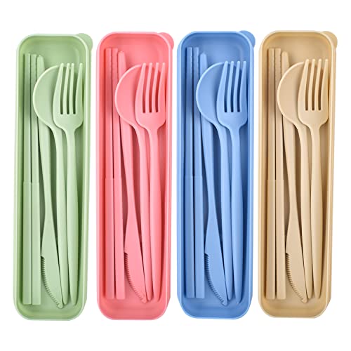Portable Plastic Cutlery with Case, Reusable Utensils Set for Adults?Travel Spoon Chopstick Forks Tableware, Great for Celebrate Holidays Picnics Travel and Daily Use (4 pcs)
