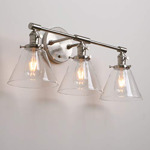 Image of Permo Vintage Industrial Antique Three-Light Wall Sconces with Funnel Flared Clear Glass Shade (Brushed)