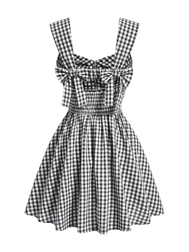 Image of Floerns Women's Plaid Ruched Bust Sleeveless Vintage Bowknot Pleated Short Dresses