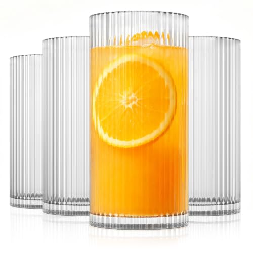 INSETLAN Glass Cups Vintage Glassware Set of 4 Large, Origami Style Transparent Cocktail Glasses Set, Bar Beverages Ice Coffee Cup Juice Ripple Drinkware, 370ml (L)