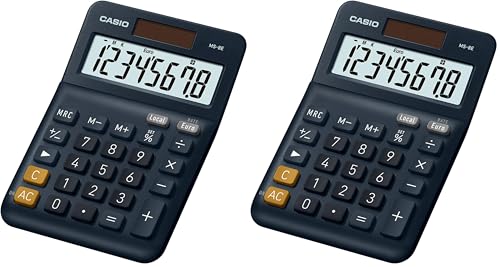 Casio, MS-8E, Calculadora de Escritorio con Pantalla Extra-Grande de 8 dígitos, Azul, alimentada por energía Solar/batería, con cálculo de Porcentaje avanzado (Paquete de 2)