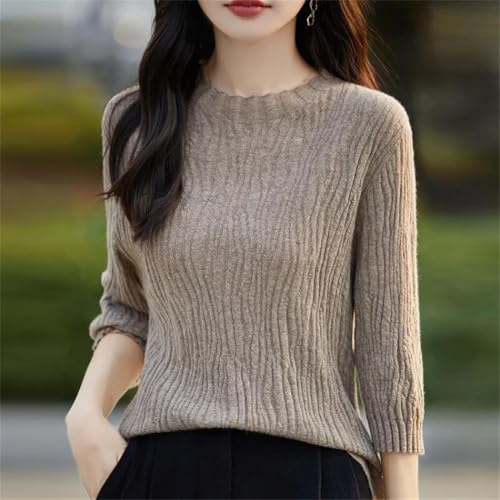 Women's Merino Wool Sweaters Crew Neck Pullover Textured Knit Three Quarter Sleeve Spring Autumn Base Layer Top2