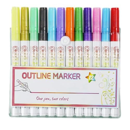 Sarpoer Conjuntos de Bolígrafos Gel de Lentejuelas de 12 Colores, Marcadores de Contorno, Bolígrafos de Doble Línea, Marcadores Brillantes, Bolígrafos De Arte Coloridos para Escritura