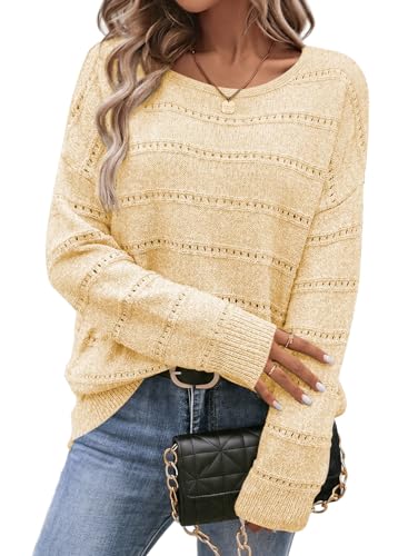 Image of SHEWIN Women's Sweaters Crew Neck Crochet Sweater Lightweight Knit Long Sleeve Tops Shirts Loose Fit Spring 2026