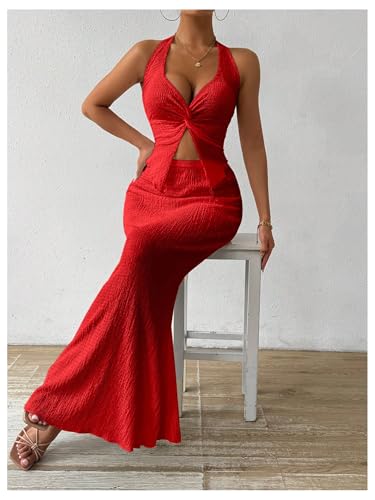 Image of SOLY HUX Women's Two Piece Outfits Twist Front Halter Cami Tops and Skirt Summer Set
