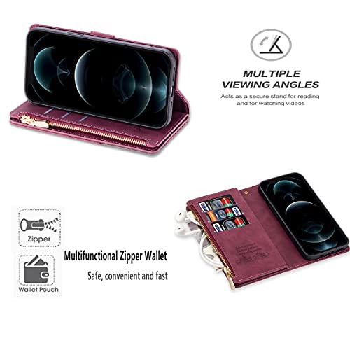 ZCDAYE Wallet Case for Samsung Galaxy S21 FE Case with 9 Card Slots Zipper Pocket Handbag Wristlet Folio Flip Cover for Samsung Galaxy S21 FE-Wine Red