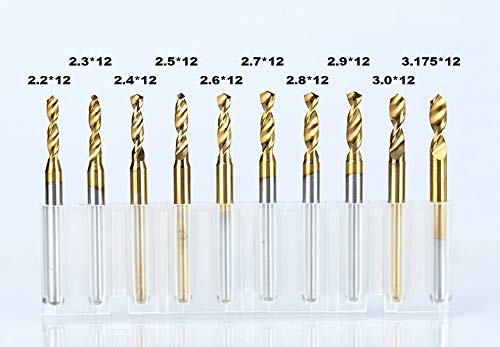Punte da trapano for fresa, punta for incisione, 10 pezzi Mini punta da trapano for PCB in carburo di titanio con rivestimento in titanio da 2,2 mm a 3,175 mm Utensile CNC for circuito stampato Set di