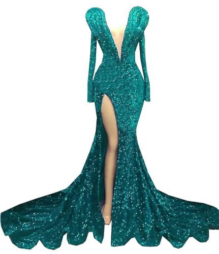 Sparkly Sequins V Neck Long Sleeve Dress Mermaid Sun Train Ball Gowns Celebrity Pageant Evening Party Dresses Hight Slit