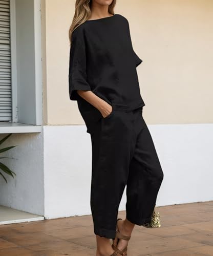 Womens Linen 2 Piece Outfits High Waist Loose Wide Leg Pants with Pockets Crew Neck 3/4 Sleeve Top Casual Comfy Sets2