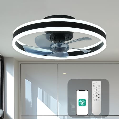 CHANFOK Ceiling Fan with Remote Control Flush Mount Modern Indoor 19.7" LED Dimmable Low Profile Ceiling Fans ,Smart 3 Light Color Change and 6 speeds