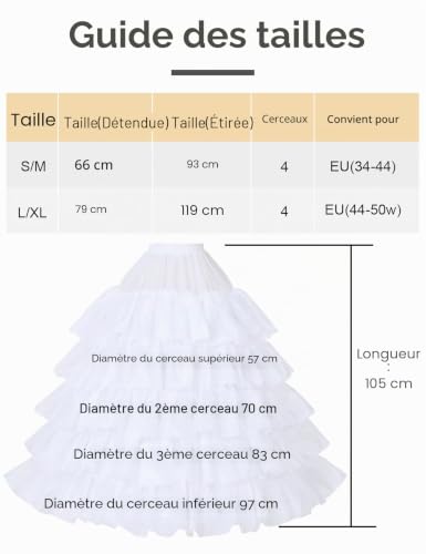 BEAUTELICATE Jupon sous Robe Crinoline Petticoat Rockabilly De Femme avec Volants Long 4 Cerveaux pour Robe De Mariage Mariée Soirée Bal(Blanc, S-M) – vue 7