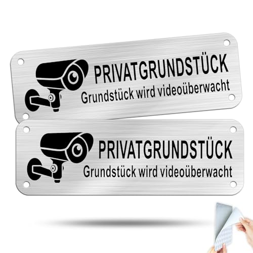 SINMAO 15×5cm/2 Stück Privatgrundstück Warnhinweis/Grundstück wird Videoüberwacht Aufkleber/Aluminium Schilder Kameraüberwachung-Wasserfester-Aufkleber