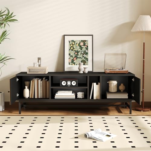 Mueble para TV de 150 cm, diseño de contraste de madera negra con espacio de almacenamiento versátil, incluye armarios, compartimentos horizontales y verticales, diseño moderno y minimalista