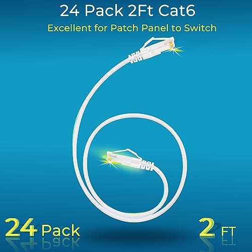 Image of Rapink Patch Cables Cat6 / Cat6a 2ft (24 Pack) Slim, Cat6a Ethernet Patch Cable 10G Support, Snagless Cat 6 Patch Cable for Patch Panel to Switch, Flexiable Cat6 Ethernet Cable White