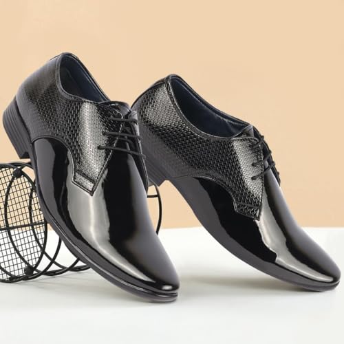 Image of FAUSTO Men's Patent Leather Shine Textured Pointed Toe Party Wedding Lace Up Derby Shoes