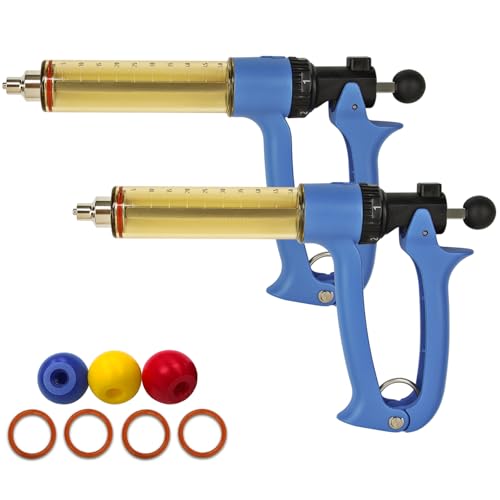 2-Piece Set 50cc Semi Automatic Livestock Syringe 5 Gears Adjustable Continuous Repeating Injection Veterinary Cattle Vaccine Luer Lock Syringe for Cow Goat Cattle Horse Sheep Pig Poultry