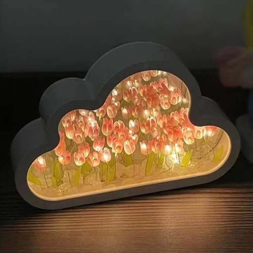 LOGAZOO (20 Flower) Mothers Day Gifts for mom Tulip Lamp Night Light with Mirror Assembled Artificial Flower Lamp Table Light Bedroom Decoration Gift for Women Girlfriend Sisters Desk Table Decor
