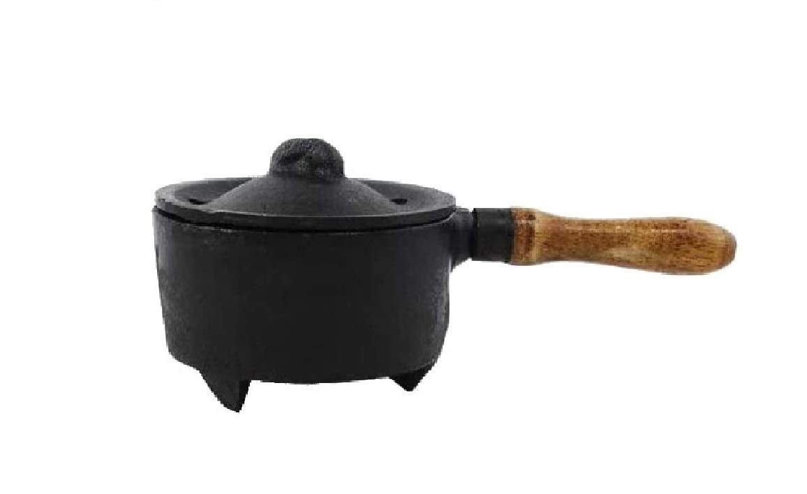 CircuitOffice Wood Handle Cast Iron Cauldron Incense Burner, 2.5" Diameter, for Burning Smudging, Cone Incense, Granular Incense, Charcoal Incense, Rituals, Altars, Wicca, Pagan