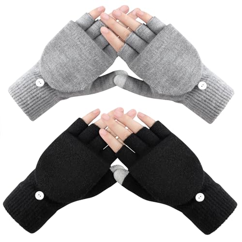 Premillow Winter Fingerless Gloves for Women, Warm Half Finger Knit Winter Gloves Women, Typing Womens Glove Mittens with Flap Cover, 2 Pairs Convertible Womens Fingerless Gloves, Black, Grey