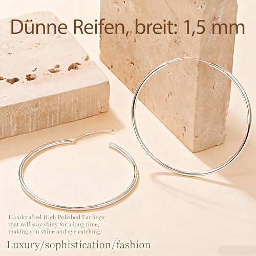 Senteria Creolen 925 Silber für Damen - Dünne, Leichte, Große Hypoallergene Silber Creolen Damen 925 Ohrringe 30/40/50/60/70mm
