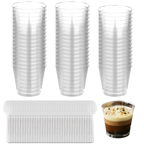 LCXCXY Tazas de Postre 7 OZ/200 ML, 50 vasitos para postres transparentes y 50 cucharas. Reutilizables Vasitos Aperitivos, Cuencos Aperitivos para tartas mousse, helados, yogures