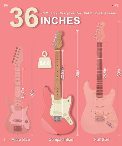Image of AKLOT Mini Kids Electric Guitar: 3 /4 Size Guitar Kit for Beginners, 1.5in Narrow Neck for Small Hands, Easy to Play, Age 6-12, 36 inch, 10W Amp, Gig Bag, Strap, Cable, Picks & Lesson Book (Pink)