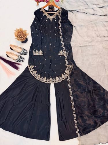 Image of Heavy Embroidered Crepe Silk Top with Sharara Palazzo and Lightweight Organza Dupatta - Festive & Party Ethnic Set for Women