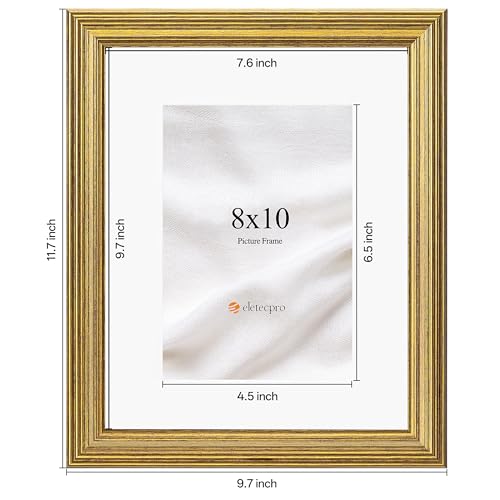 Image of eletecpro 8x10 Gold Picture Frames Set of 4, Vintage Photo Frames with Clear Acrylic Cover, Gallery Wall Art Display 5x7 Photo with Mat or 8x10 without Mat for Tabletop and Wall Mount, Home Decor