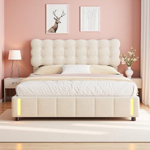 Générique Lit Coffre 160x200 avec LED & Système Hydraulique – Velours Beige Clair Capitonné, Rangement Spacieux & Sommier à Lattes, sans Matelas