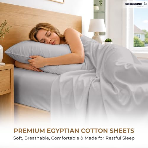 Image of SGI bedding 100% Egyptian Cotton Sheets Twin XL Size - 600 Thread Count Sheets Set, Soft, Cooling, 15 inch Deep Pocket, Luxury Hotel Bedding, Breathable, Durable - Light Grey