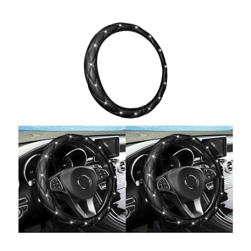 JNNJ Universal Auto Lenkradhülle, Glitzer Universal Auto Lenkradbezug, Lenkradbezug Aus Echtes Leder 37-38cm, Strass Leder Lenkradabdeckung Autoinnenraum(Schwarz)