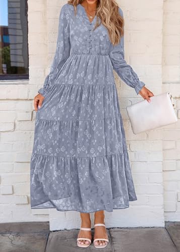 Image of KIRUNDO Spring Wedding Guest Dresses for Women 2026 Maxi Floral Long Sleeve Elegant Ruffle Tiered Flowy Party Long Dress