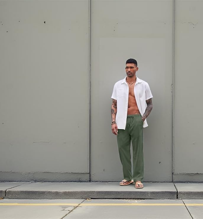 Image of CB-COLEBROOK Mens Casual Linen | Elastic Waist | Drawstring Summer Beach Yoga Linen Trouser | Loose Fit Pyjama Pants for Man