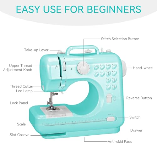 Sewing Machine for Beginners with Extension Table, Mini Electric Portable Sewing Machine with 12 Stitches LED Light and Accessories Kit for Home DIY Sew Project Cyan