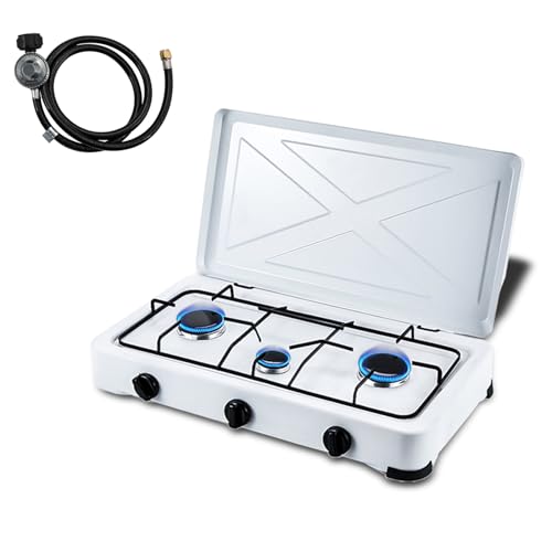 DYRABREST 3 Burner Gas Stove Portable Propane Cooktop 24 Inch LPG Camping Cooking Stove Heavy-Duty Gas Burners with Hose for Outdoor Cooking Grilling, RV, Apartment Kitchen