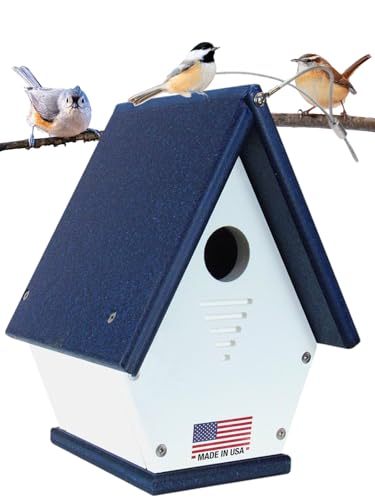 JCs Wildlife Recycled Poly Lumber Wren Chateau Birdhouse - Made in The USA - Perfect Garden and Backyard Birdhouse for Wrens, Chickadees, and Warblers! (White/Blue)