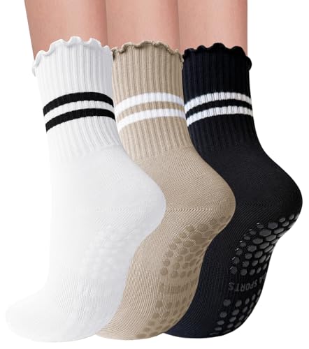 Elapse Space 3 Pairs Pilates Socks With Grips for Women Non Slip Grip Ruffle Yoga Grippy Socks