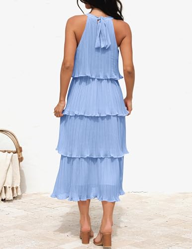 Image of ZESICA Women's 2026 Summer Sleeveless Halter Neck Ruffle Tiered Layered Chiffon Flowy Swing Long Midi Dress
