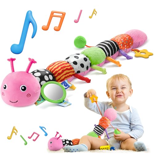 Image of HEMRLY Baby Sensory Toy 0-6 Months, Musical Stuffed Caterpillar Plush with Teether, Crinkle, Rattle, Baby Mirror for Tummy Time, Infant Car Seat Toy for 0-3-6-12 Month Boys Girls Gifts - Knotted Pink