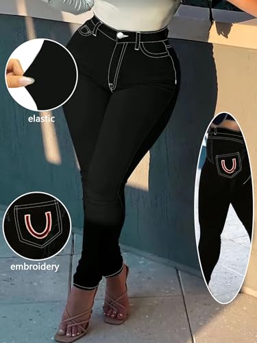 Curvy Plus Size Skinny Jeans - High Waisted Stretch Ankle Slim Fit Denim Pants with Floral Embroidery for Women2