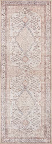 Hauteloom Analu Hallway, Kitchen Machine Washable Runner Rug - Traditional Persian Bohemian Carpet - Boho Vintage Distressed - Brown, Beige, Cream, Sand, Blue - 2'7