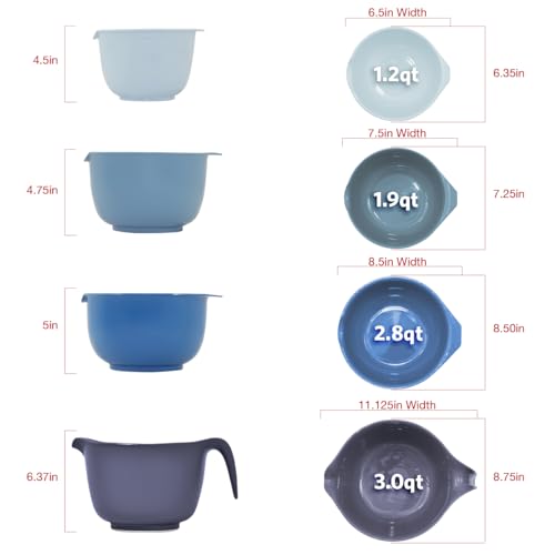 Glad Mixing Bowls with Pour Spout, Set of 4 - Nesting Plastic Bowls (1.2qt, 1.9qt, 2.8qt, and 3qt with Handle) - Non Slip Base, Dishwasher Safe Kitchen Cooking and Baking Supplies, Blue - image 5