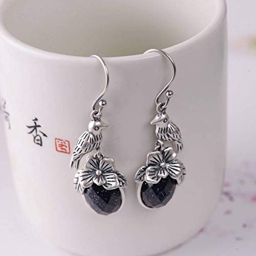 Boucles d'oreilles oiseau en argent sterling 990, agate noire et style ethnique