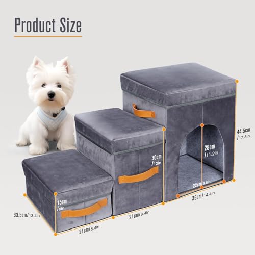 Hundetreppe für Kleine Hunde,Masthome Haustiertreppe 3 Stufen mit Aufbewahrungsbox,Hundetreppe aus Hochdichtem Schwamm,Hunde Treppe mit Waschbarem Bezug und Rutschfestem Boden,für Bett,Sofa,Couch