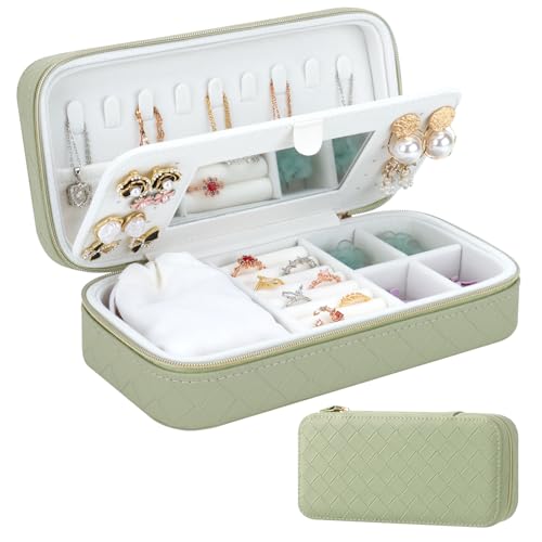 DesignSter Jewellery Box Organiser, Small Portable Travel Jewellery Storage for Women, Woven Embossed PU Jewelry Case with Mirror for Ring Earring Necklace Bracelet, Green