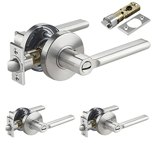[3 Pack] BESTTEN Vienna Series Privacy Door Lever with Removable Latch Plate, All Metal Contemporary Round Handle Design for Bedroom and Bathroom, Commercial and Residential, Satin Nickel