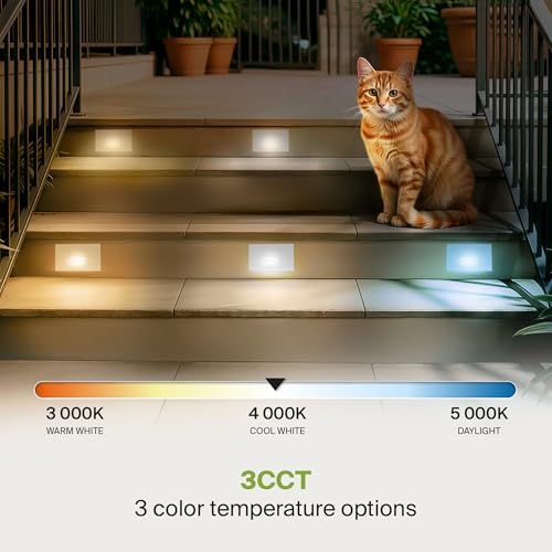 Image of ASD LED Recessed Step Light Fixture, Dusk to Dawn Outdoor Tread Lighting | 3CCT, Motion Sensor, Photocell, Waterproof, ETL Listed | 3W 120LM 3000K-5000K 120V | Staircase Illumination | White, 4 Pack
