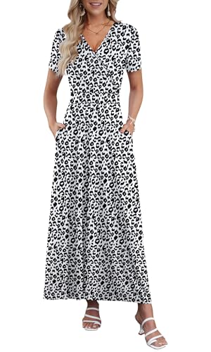 AUSELILY Robe Longue Femme Ete Col en V Manches Courtes Robe Femme Chic et Elegant Taille Haute Ligne A Cocktail Robes avec Poches Léopard M
