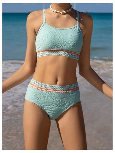 OYOANGLE Girl's 2 Piece Bikini Sets Textured Spaghetti Strap Wireless Swimsuits High Waist Bathing Suits3